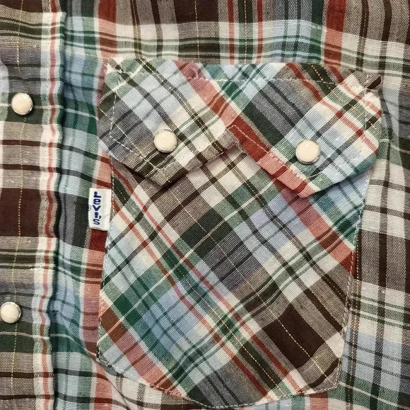 Levis Mens Vintage Pearl Snap Button Down Shirt Size S 70s 80s Plaid - Picture 2 of 6